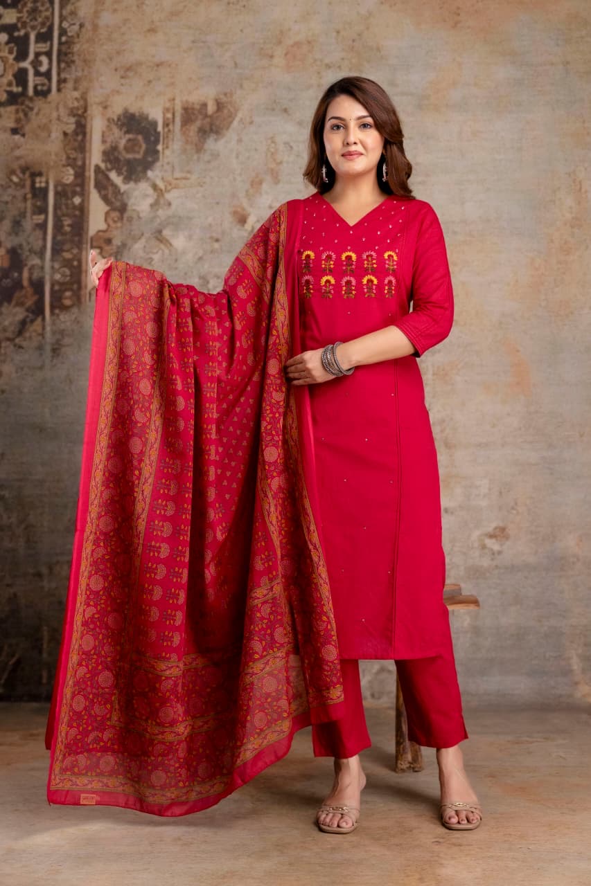 Kurti Set Red Embroidered