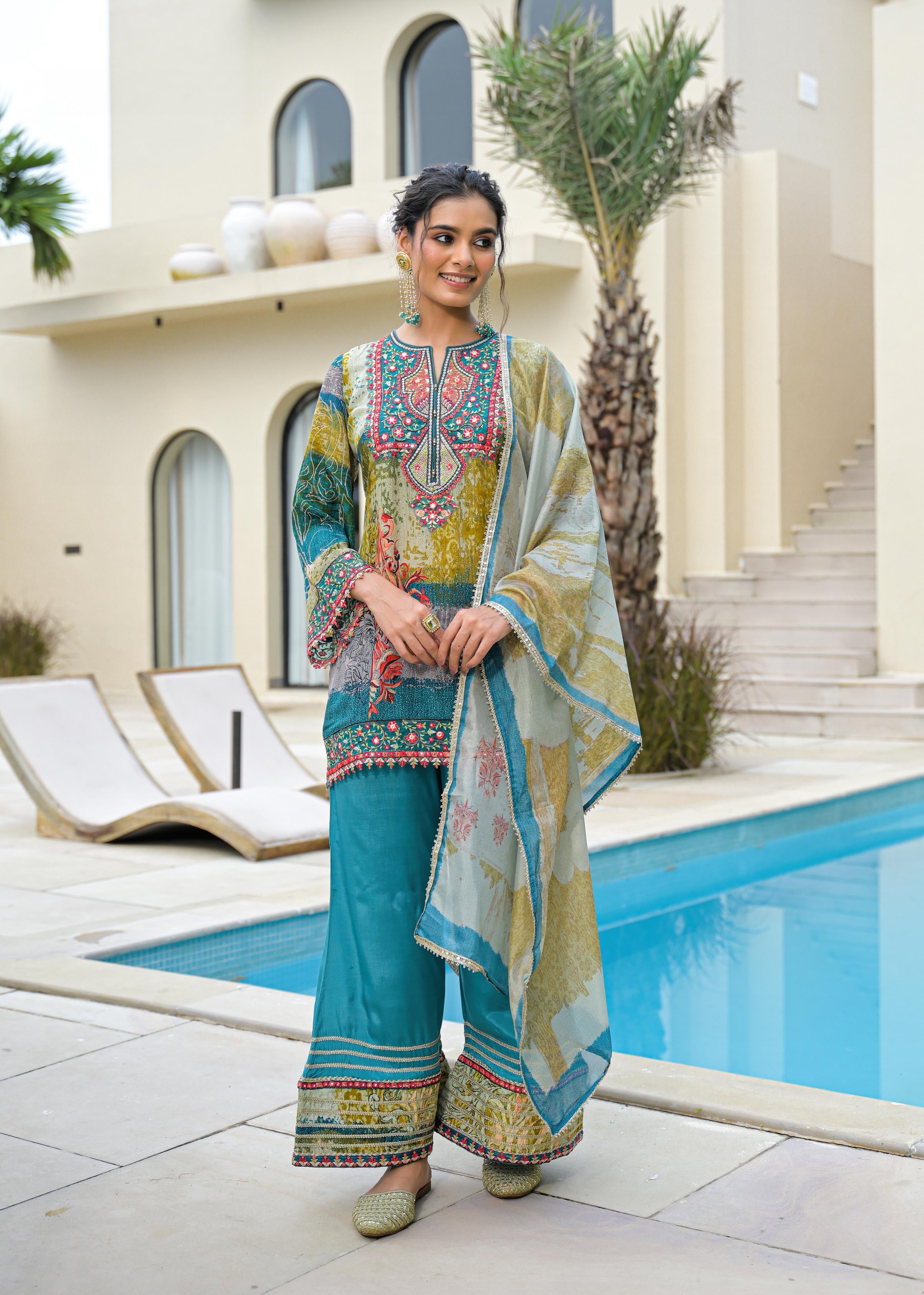 Printed Party Wear Short Kurti Set with Bell Bottom and Dupatta