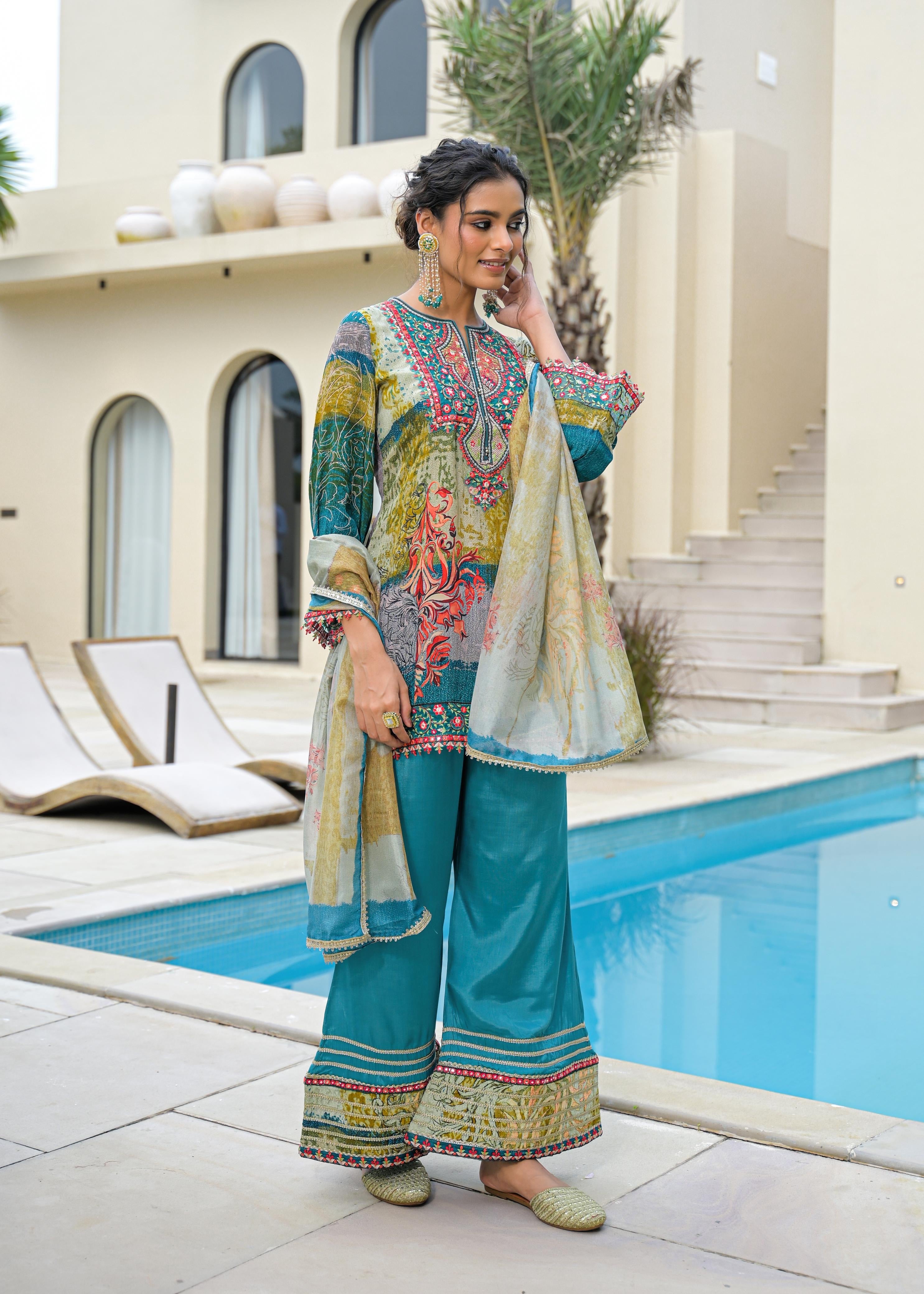 Printed Party Wear Short Kurti Set with Bell Bottom and Dupatta