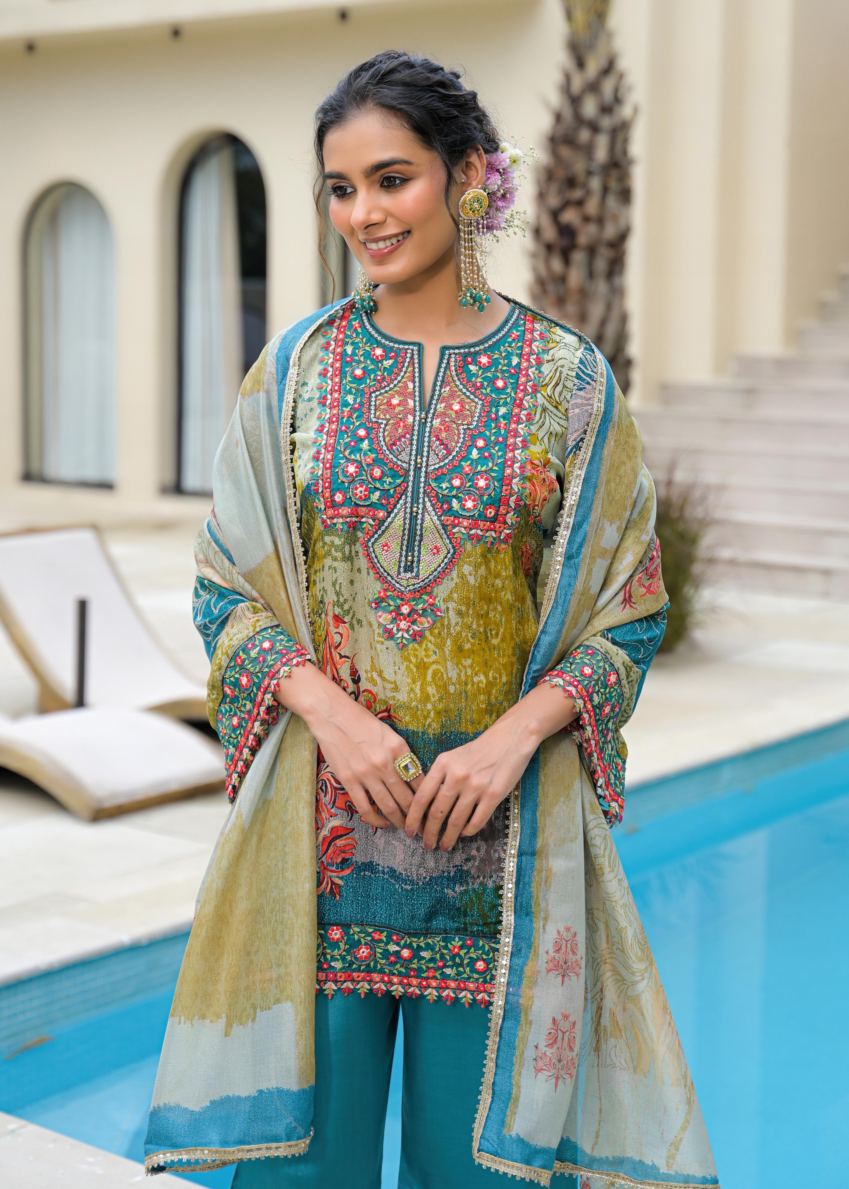 Printed Party Wear Short Kurti Set with Bell Bottom and Dupatta