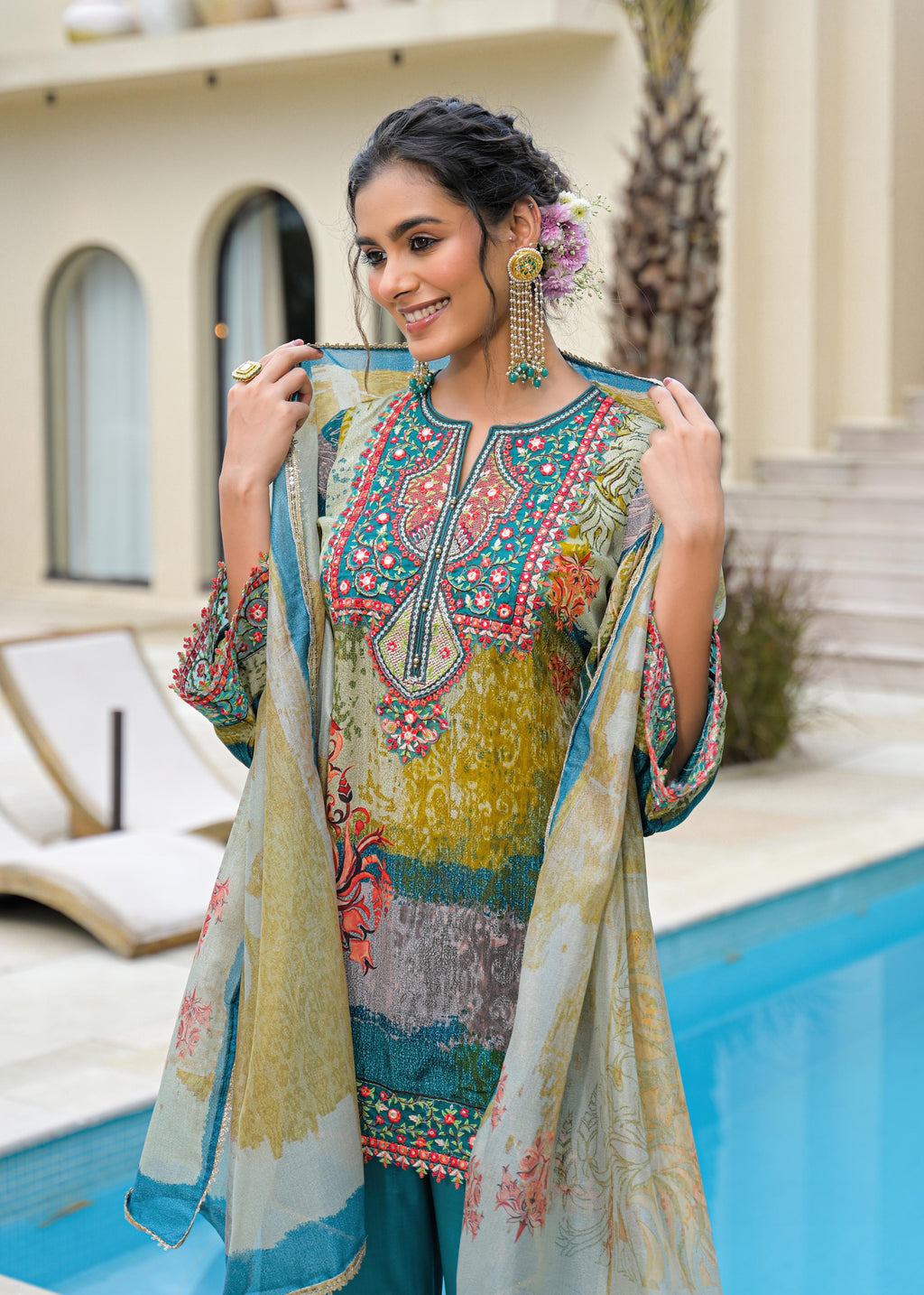 Printed Party Wear Short Kurti Set with Bell Bottom and Dupatta