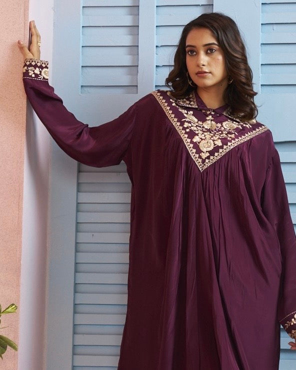 Wine V-Neck Kurta with Dhoti Pants