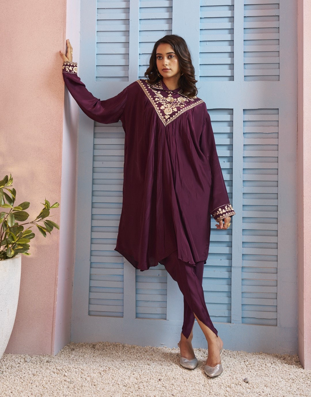 Wine V-Neck Kurta with Dhoti Pants