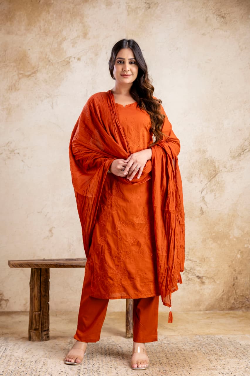 Bright Orange Kurti Set with Pant & Dupatta