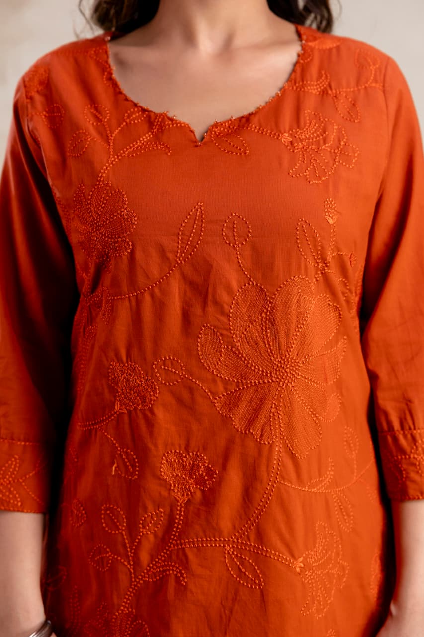 Bright Orange Kurti Set with Pant & Dupatta