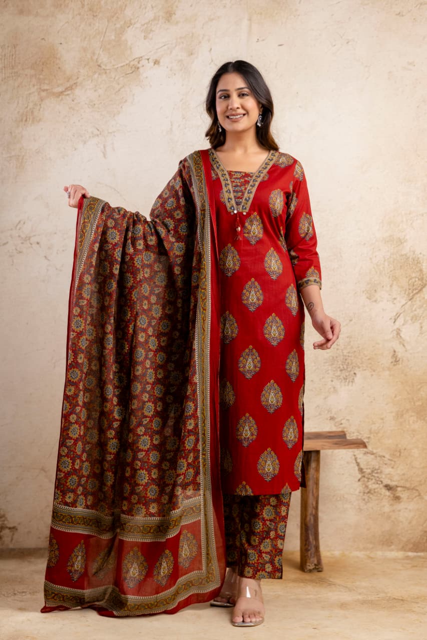Kurti Pant Dupatta Set-Red
