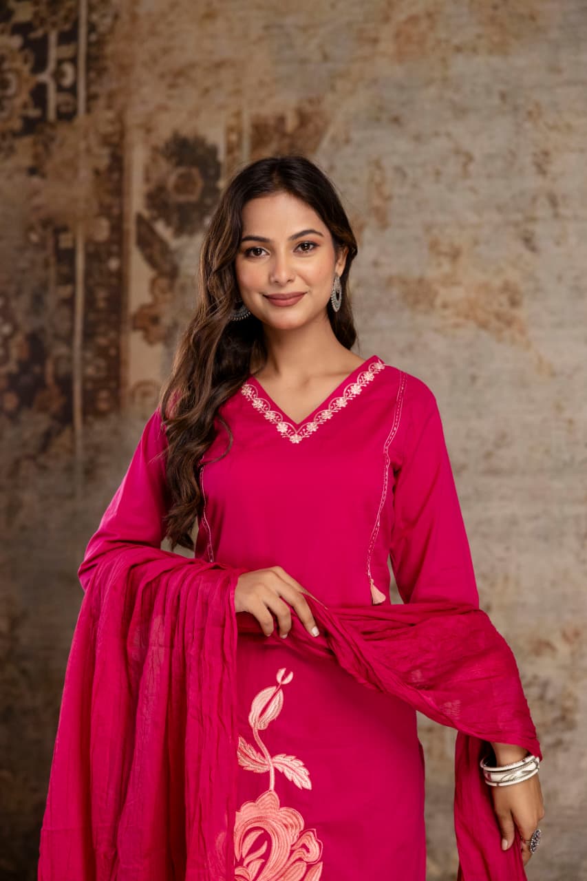 Rani Pink V-Neck Kurti Set