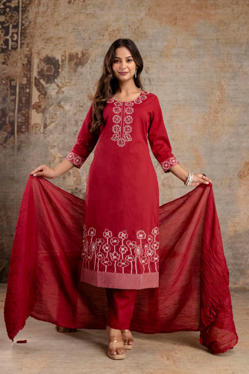 Embroidered Kurti Set Red