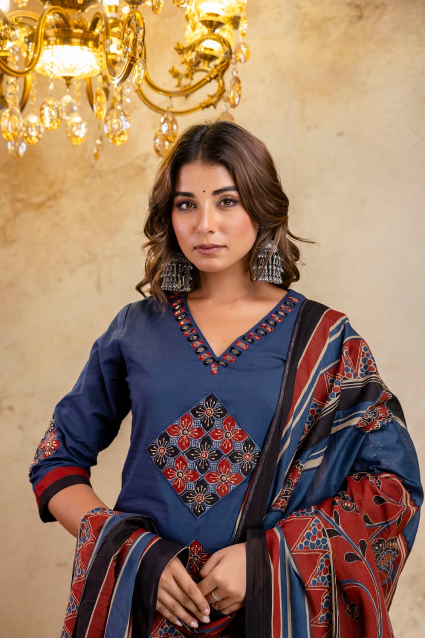 Blue V-Neck Printed Cotton Kurti Set with Pant & Dupatta