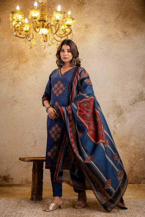 Blue V-Neck Printed Cotton Kurti Set with Pant & Dupatta
