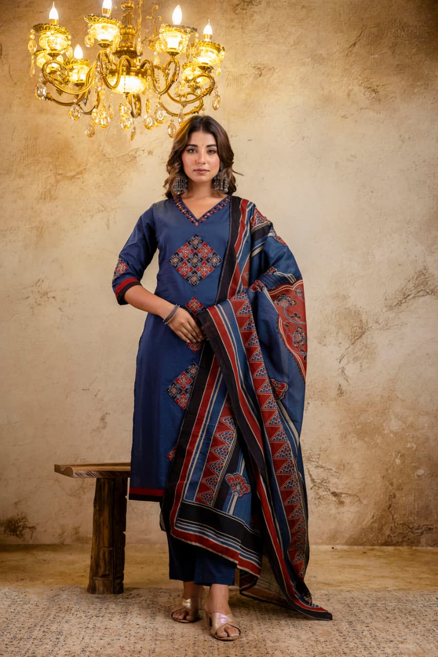 Blue V-Neck Printed Cotton Kurti Set with Pant & Dupatta