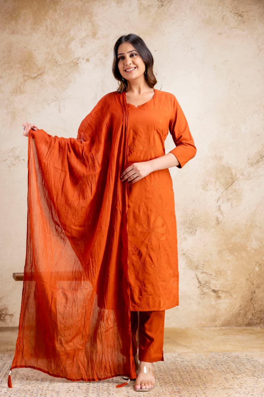 Bright Orange Kurti Set with Pant & Dupatta