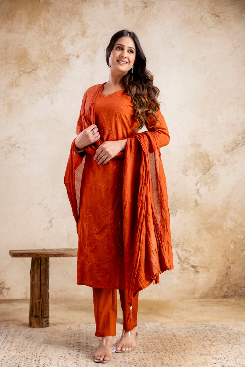Bright Orange Kurti Set with Pant & Dupatta
