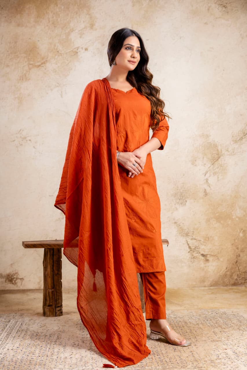 Bright Orange Kurti Set with Pant & Dupatta
