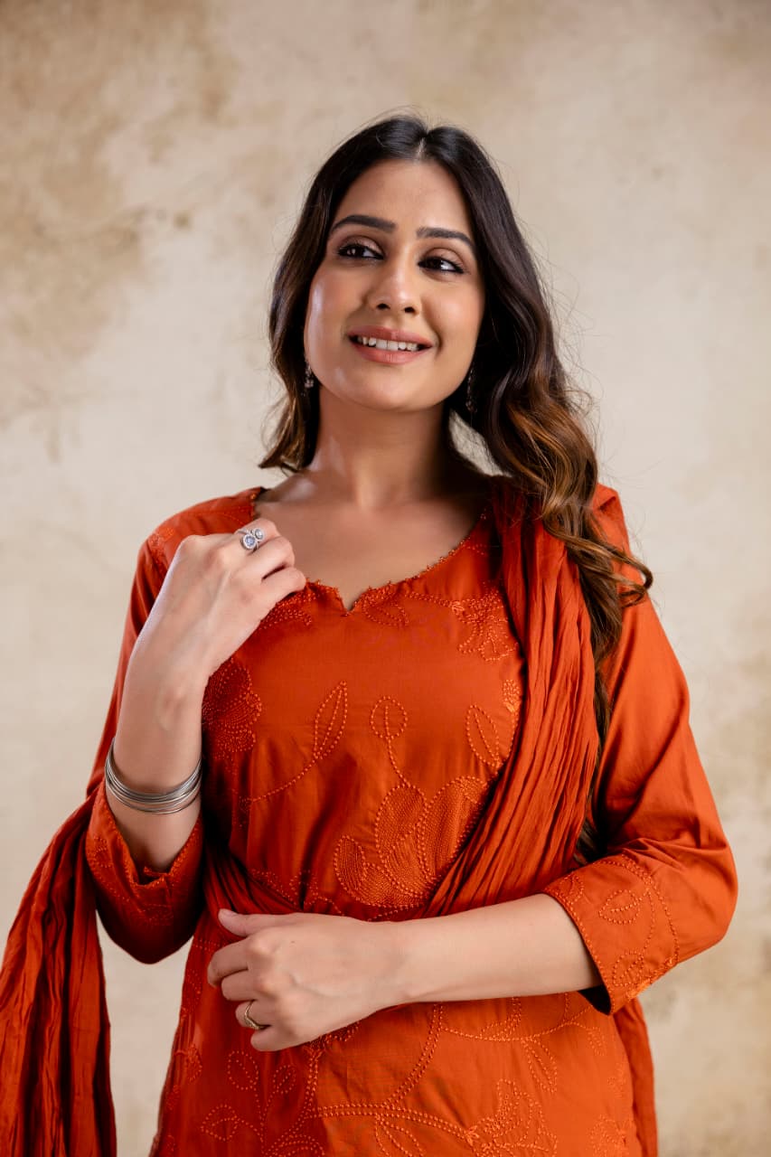 Bright Orange Kurti Set with Pant & Dupatta
