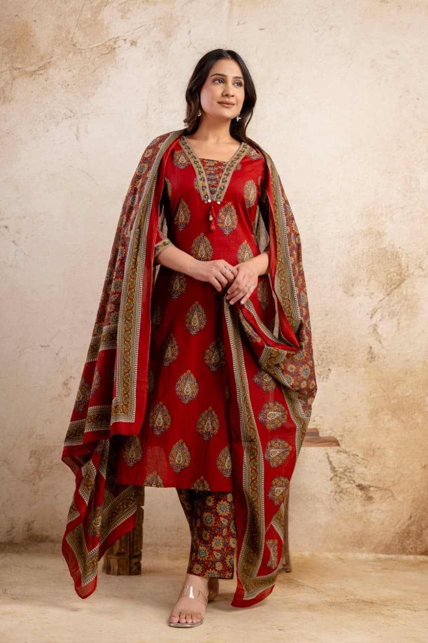 Kurti Pant Dupatta Set-Red
