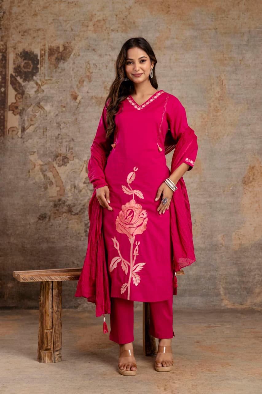 Rani Pink V-Neck Kurti Set