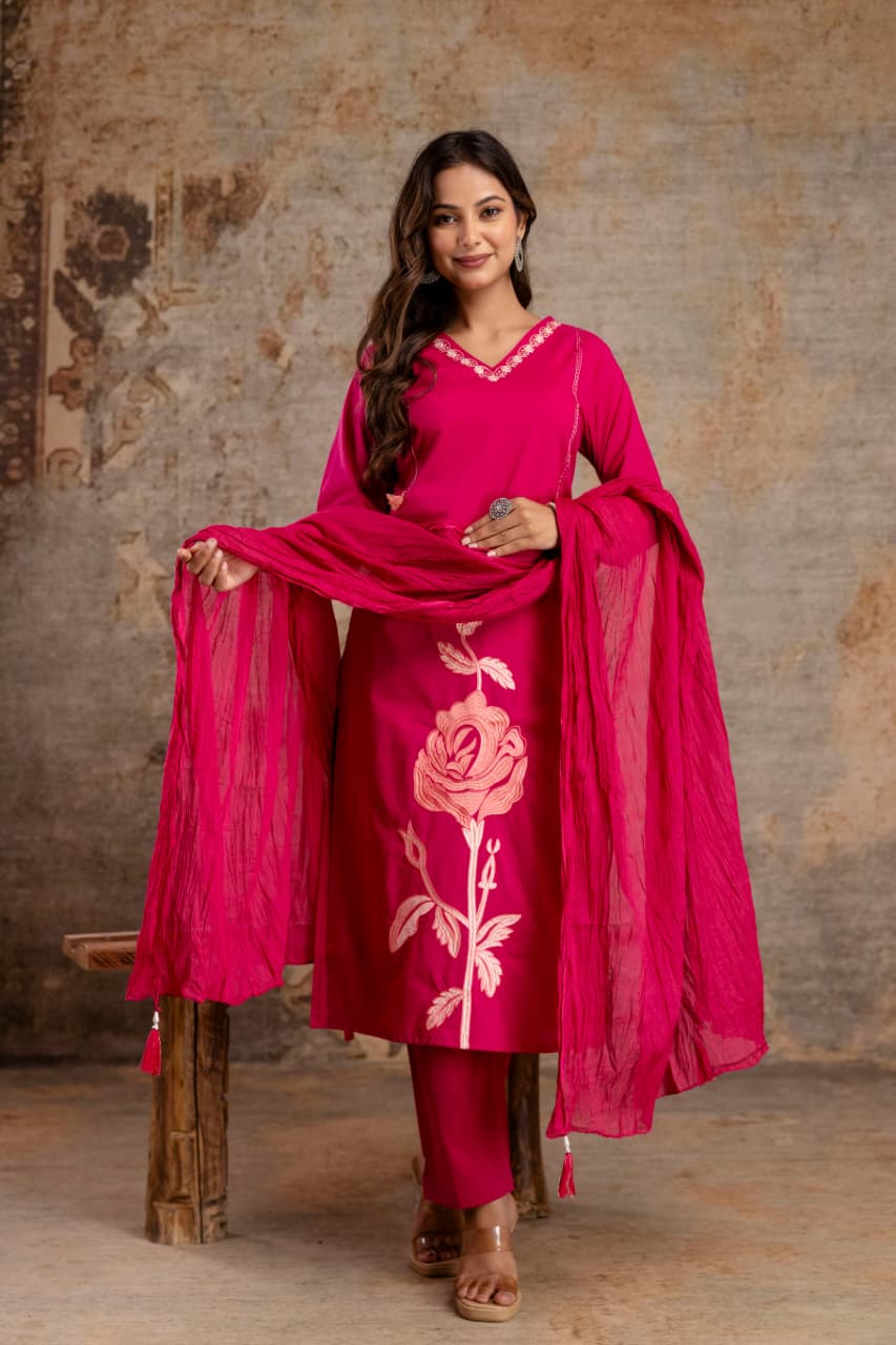 Rani Pink V-Neck Kurti Set