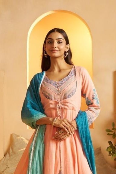 Peach Frock Kurti Set with Pant and Dupatta