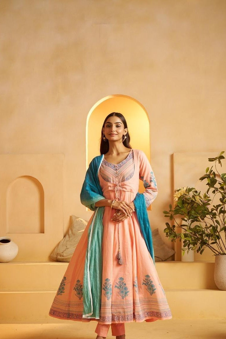 Peach Frock Kurti Set with Pant and Dupatta