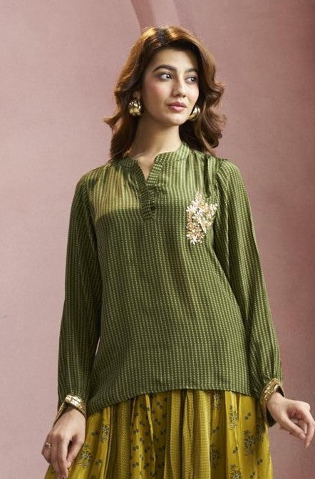 Mehndi Green Short Kurti with Flairy Bottom