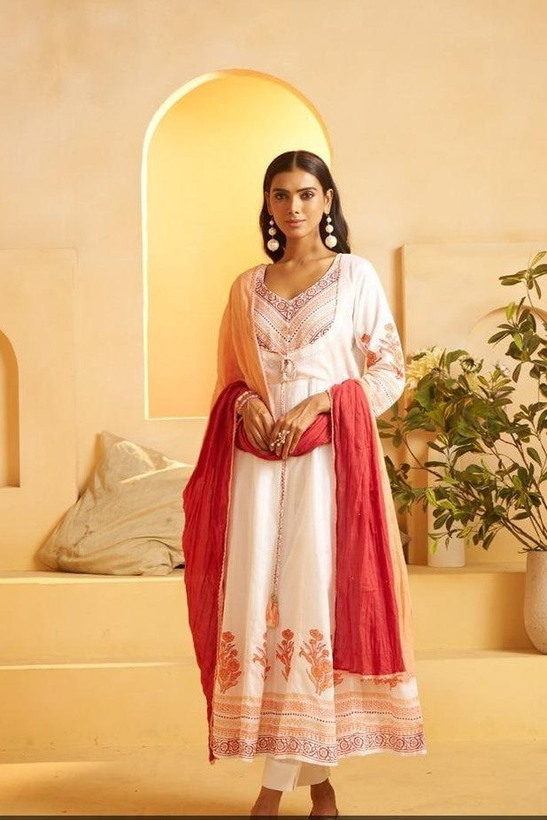 White Frock Kurti with Pant and Dupatta