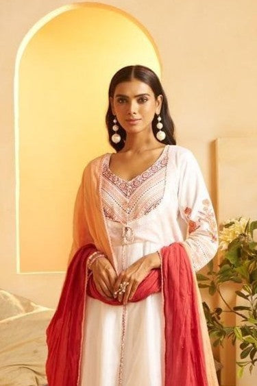 White Frock Kurti with Pant and Dupatta